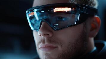 A man wearing a futuristic helmet and glasses photo