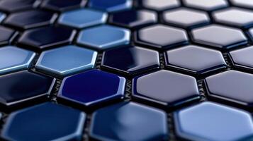 A close up of a blue and black hexagon tile photo