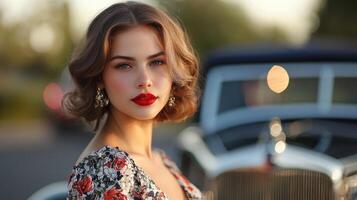 Beautiful woman with red lipstick and vintage car photo