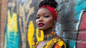 Beautiful african woman with colorful head wrap and earrings photo