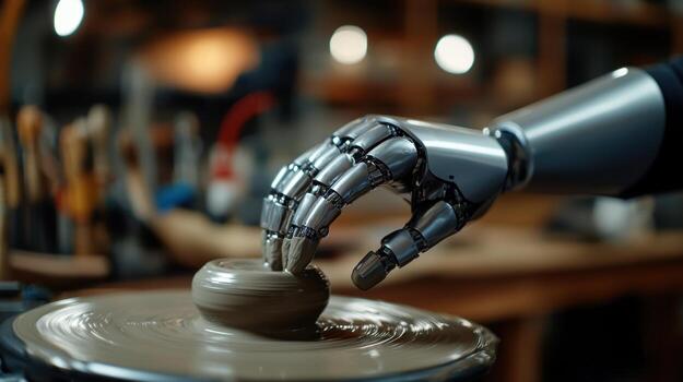 A robot hand is holding a pottery bowl photo