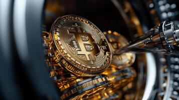 Bitcoin coins in a machine with a gold coin photo