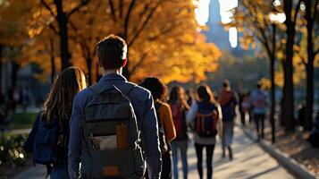 A group of students walking down a sidewalk photo