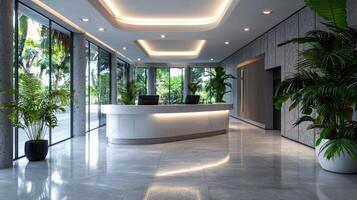 Modern office lobby with reception desk and plants photo