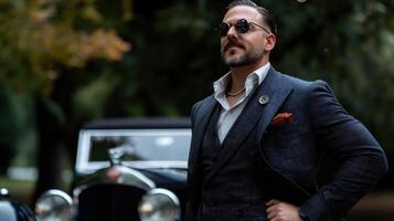 A man in a suit and sunglasses standing next to an old car photo
