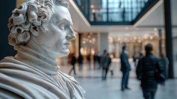 A marble statue of a man in a museum photo