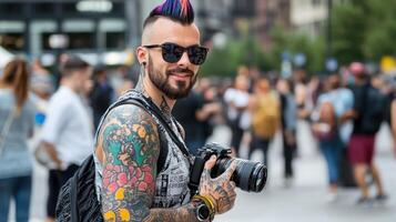 A man with tattoos and a camera photo