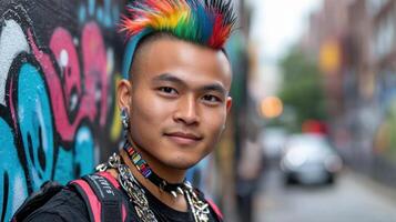 A man with colorful hair and a mohawk stands in front of a graffiti wall photo