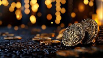 Gold coins and candles on a table photo