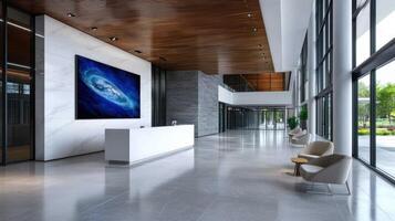 A modern office lobby with a large painting on the wall photo
