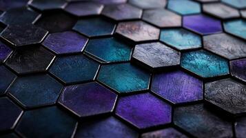 Hexagonal tiles, black and blue, with a blue and purple background photo