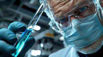 A man in a lab coat holding a test tube photo