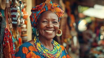A woman in an african style head wrap smiles photo