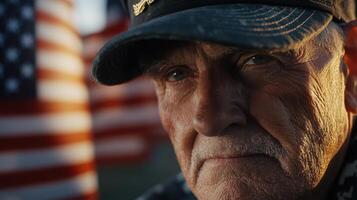 A close up of an old man with an american flag photo