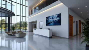 A modern office lobby with large windows and a large painting photo