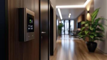A modern electronic door lock is shown in a hallway photo