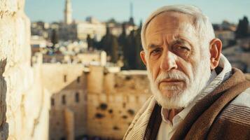 An elderly man with a white beard standing in front of a city photo
