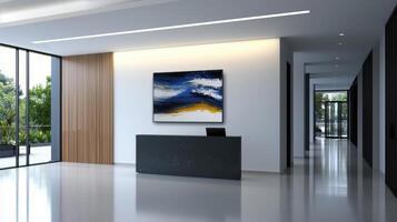 A large painting of a blue and yellow sky hangs on the wall of a large room photo