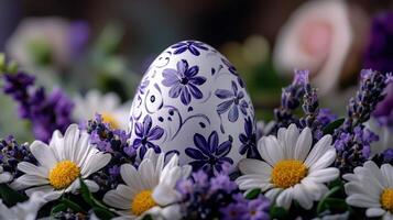 A white and blue painted egg sits on a bed of flowers photo