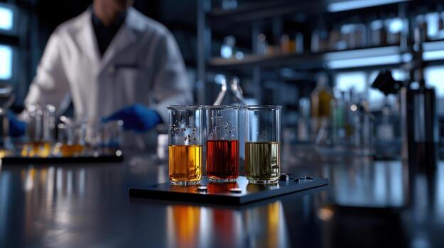 un hombre en un laboratorio Saco es participación un vaso de líquido foto