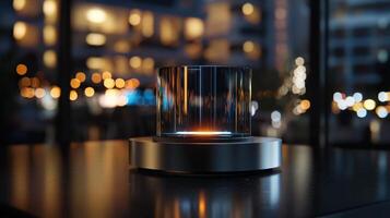 A glass lamp on a table in front of a city photo