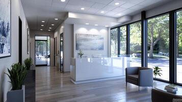 A modern office with large windows and wood floors photo