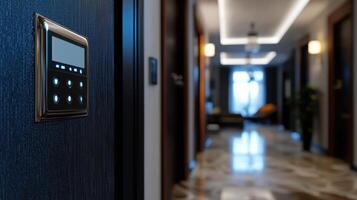 A hallway with a wall mounted control panel photo