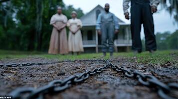 Three people standing in front of a house with chains on the ground photo