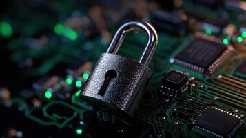 A silver lock is on a circuit board photo