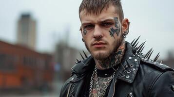 A man with tattoos and piercings stands in front of a building photo