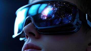 A person is wearing virtual reality goggles and looking at a galaxy photo