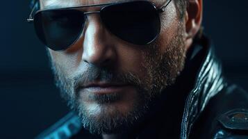 A man wearing sunglasses and a leather jacket photo