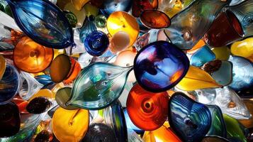A colorful array of glass vases and bowls are suspended from the ceiling photo