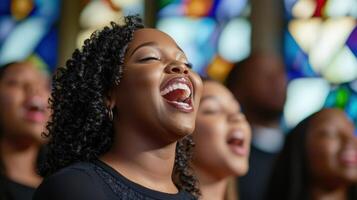 A group of women singing in front of stained glass windows photo