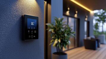 A smart thermostat is mounted on a wall next to a potted plant photo