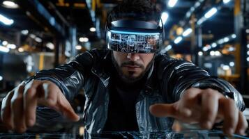 A man wearing a virtual reality headset in an industrial setting photo