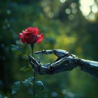 A robot hand holding a red rose photo