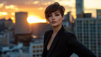 A woman in a suit standing in front of a city skyline photo