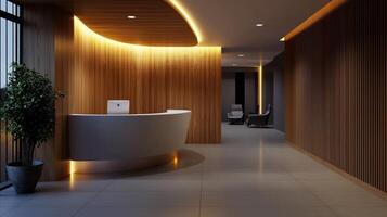 A modern office lobby with a large wooden wall and a potted plant photo