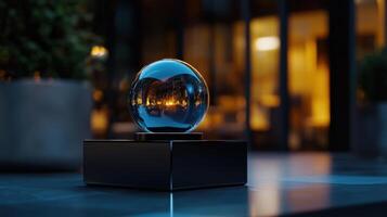 A glass sphere on a black stand photo