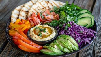 A plate of food with a variety of vegetables and dips photo