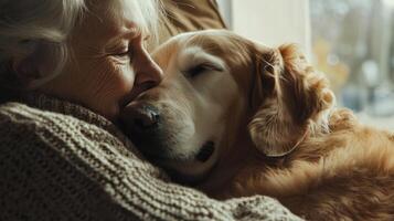 An older woman is hugging a golden retriever photo