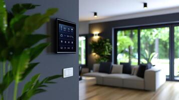A modern living room with a smart tv on the wall photo