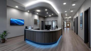A modern office lobby with a large reception desk and a potted plant photo