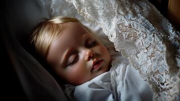 A baby sleeping in a bed photo