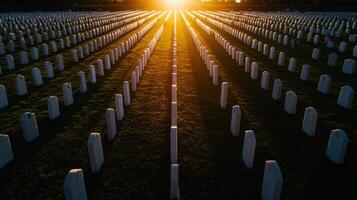 The sun setting over a cemetery with rows of white tombstones photo