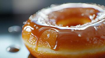 A close up of a glazed donut with a drizzle of syrup photo