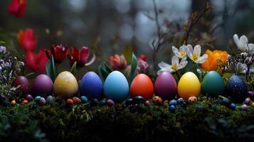 A colorful row of eggs are surrounded by flowers and plants photo