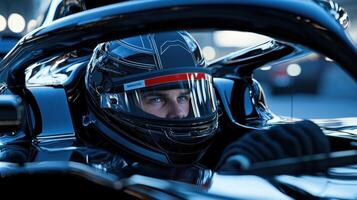 A man is driving a race car with a helmet on photo
