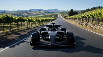 The car is sleek and powerful, and the road is winding and curvy photo